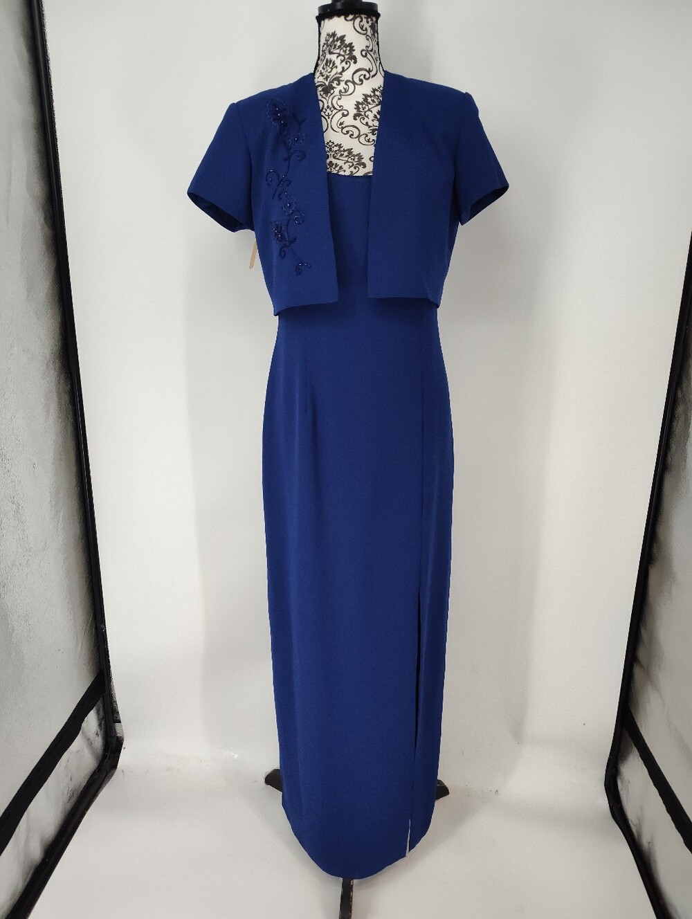 JR Nites Women's Classic Blue Evening Dress with Embellished Cropped Jacket Sz 8